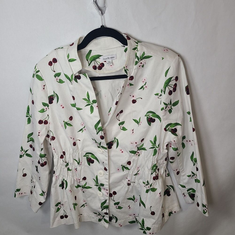 Joan Rivers Size 16 White Red Green Blazer With Cherry Designs‎ Fun Art Colorful